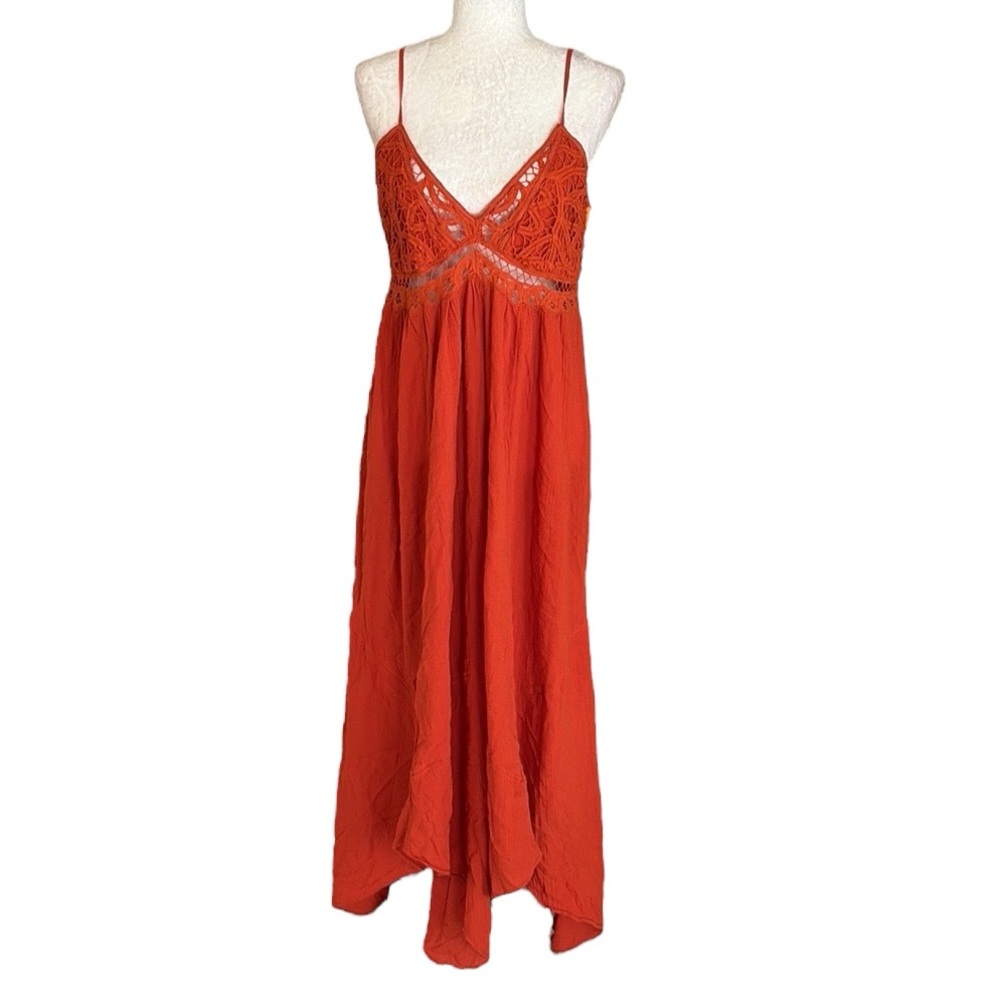 Free People Elaina Orange Crochet Gauze Asymmetrical Maxi Dress in Tangerine - L - Picture 6 of 16